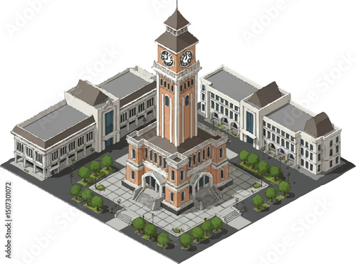 Isometric 3D City Hall Architectural Design, Municipal Building, Town Square, Clock Tower, Urban Planning