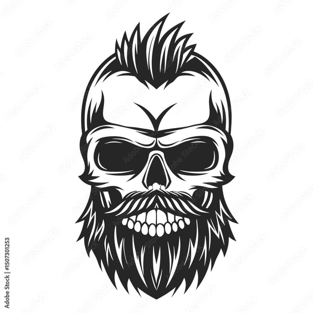 Fototapeta premium Monochrome Vector Skull with Beard and Mohawk Hairstyle on White Background 