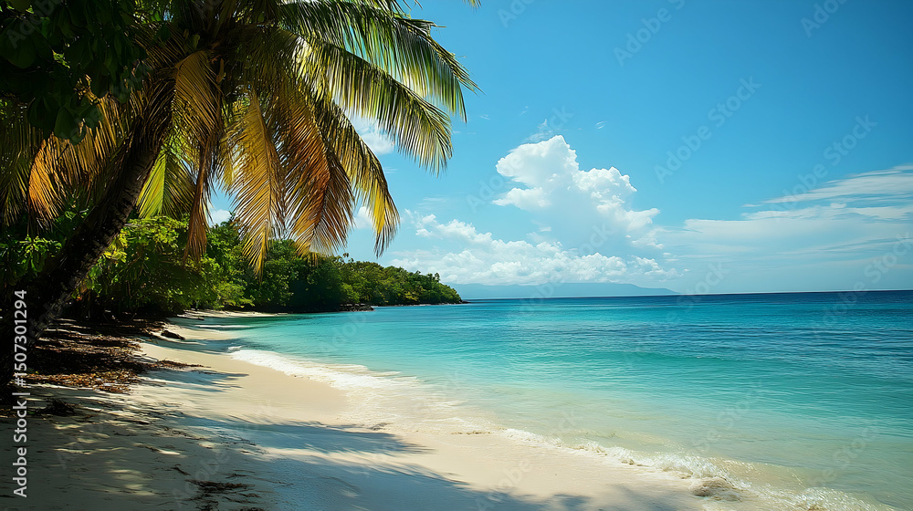 Fototapeta premium Tropical beach scene with palm trees.