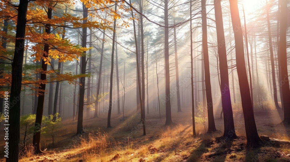 Obraz premium Forest scene with tall slim trees rising through a hazy sunlit atmosphere Autumnal foliage adds color on the left side