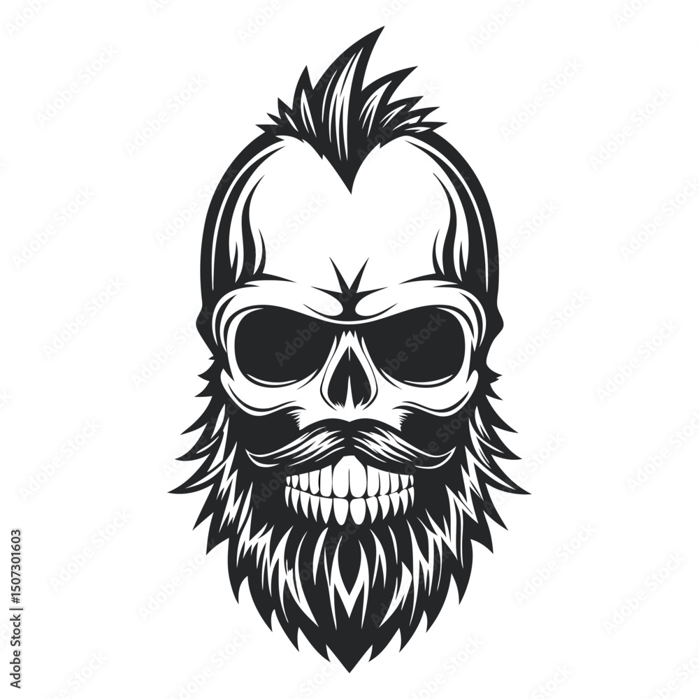 Fototapeta premium Monochrome Skull with Beard and Mohawk: Stylish Vector Illustration for Edgy Designs and Tattoo Art, Isolated on White 