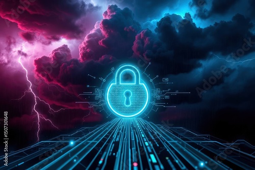 Glowing padlock over circuit board with stormy purpleblue sky
