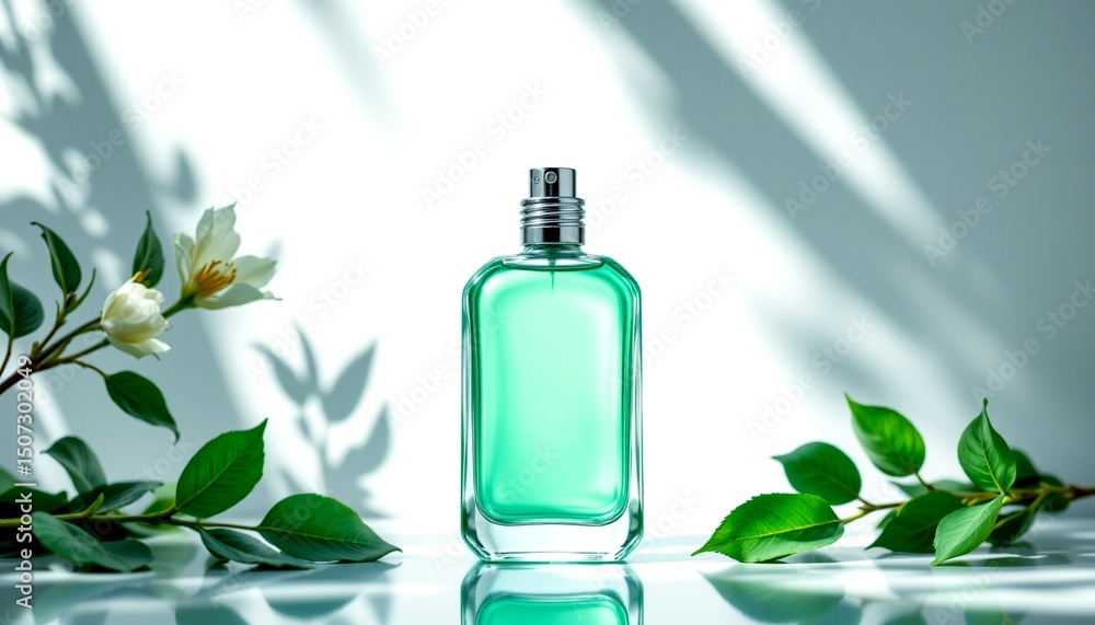 a bottle of perfume set against a sunlit backdrop with decorative elements. a green plant adds a touch of natural beauty to the setting. a bottle of perfume set against a sunlit backdrop with decorative elements. a green plant adds a touch of natural beauty to the setting.