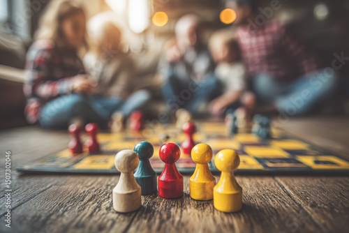 Wallpaper Mural A close-up of game pieces with a blurred family gathered around a board game, creating a warm and inviting atmosphere for quality time and bonding together indoor. Torontodigital.ca