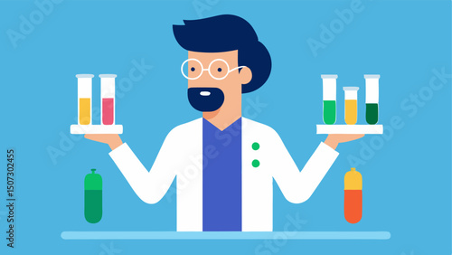 Nutritionist with Test Tubes A nutritionist holding test tubes filled with different colored liquids symbolizing biomarker analysis while a patient looks on curiously.