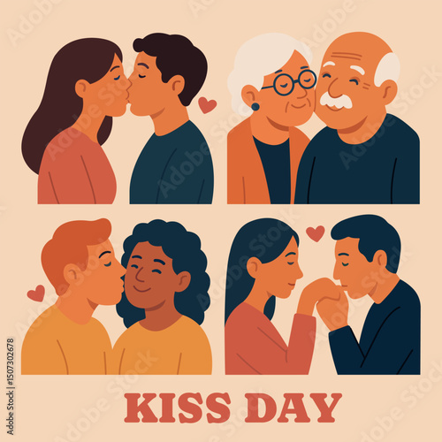 Vector illustration of diverse couples celebrating Kiss Day. Shows kisses and affectionate moments between people of different ages, appearances, and genders. 