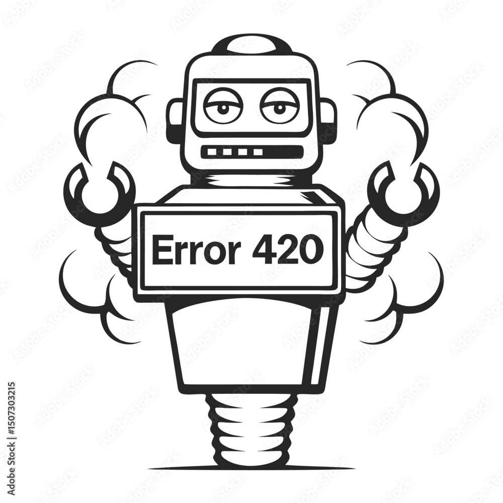 Monochrome Distressed Robot with Error Message Surrounded by Smoke Illustration Monochrome Distressed Robot with Error Message Surrounded by Smoke Illustration