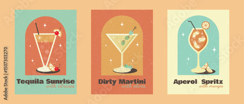 Set of postes with cocktails on orange background with grunge texture. Tequila Sunrise, Dirty Martini, Aperol. Banner for restaurant, cafe, bar, club. Poster in retro style. Flat vector illustration.