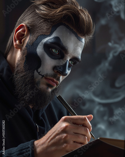 A man with a painted face holding a pen and writing in an open book