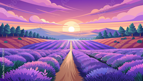 A serene lavender field stretches across the horizon, bathed in the soft light of sunrise. Pastel colors fill the sky, creating a peaceful and dreamy vector scene.