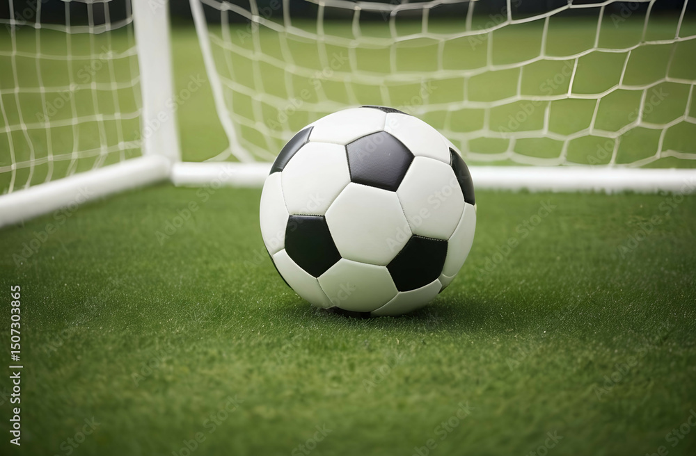 Fototapeta premium A soccer ball is lying on the green grass in front of the soccer goal