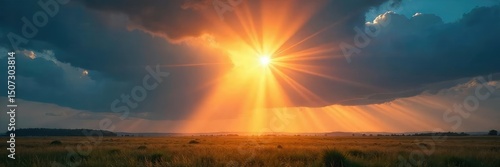 A sunbeam bursts through dark clouds, illuminating a vibrant landscape below; a powerful metaphor for innovative problem-solving and finding light in challenging situations , power, metaphor, bright