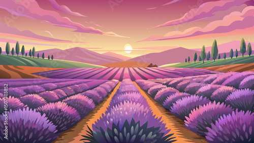 A serene lavender field stretches across the horizon, bathed in the soft light of sunrise. Pastel colors fill the sky, creating a peaceful and dreamy vector scene.