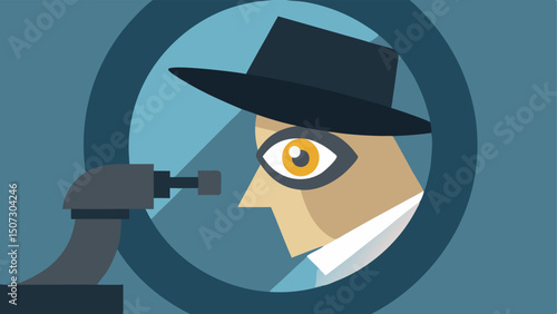 CloseUp of the Lens A closeup illustration showing the detectives eye peering through the microscope lens reflecting a blurry image of the sample being examined.