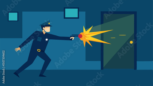 Flashbang Throw An illustration showing an officer throwing a flashbang into the room just before breaching with bright flashes depicted in the background.