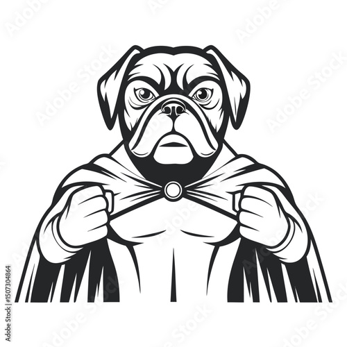 Vector Illustration of a muscular Pug wearing a Superhero Cape in Black and White Style for Sport Logo, Design Element or Print.                      