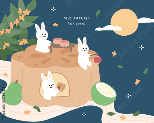 Hand drawn Mid autumn festival template background with moon cake, pomelo and full moon.
