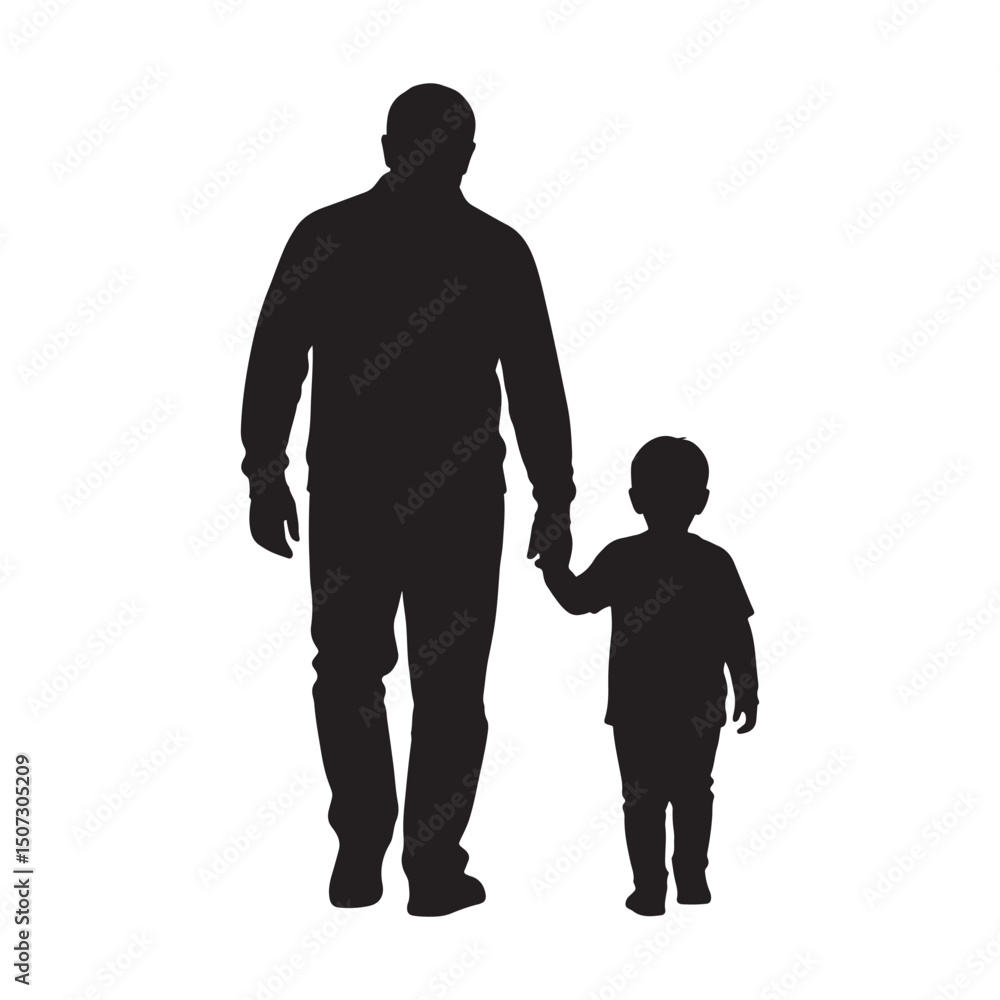 Flat black vector silhouette of a father and child walking hand in hand, back view, on white background Flat black vector silhouette of a father and child walking hand in hand, back view, on white background