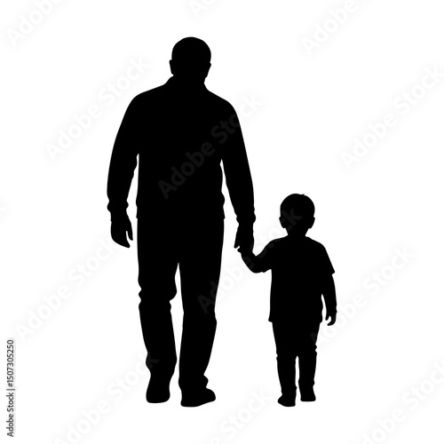 Silhouette of a father and child walking hand in hand, back view, on transparent background