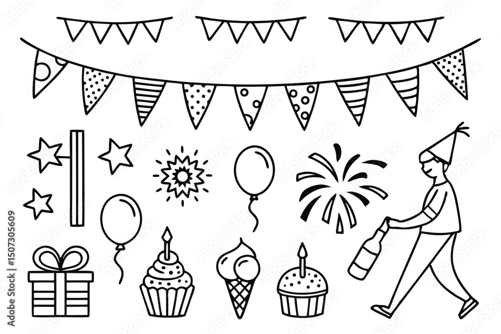 Party and Celebration Icon Set – Fun Line-Art Fest Party and Celebration Icon Set – Fun Line-Art Fest
