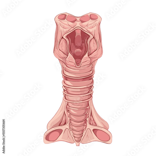 Detailed Anatomical Illustration of the Human Larynx and Trachea for Medical Education in Light Pink Color Isolated on White Background