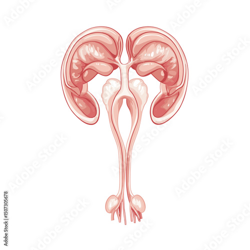 Detailed Anatomical Illustration of the Human Kidney with Ureter and Bladder in a Biological Diagram with Shades of Red on White