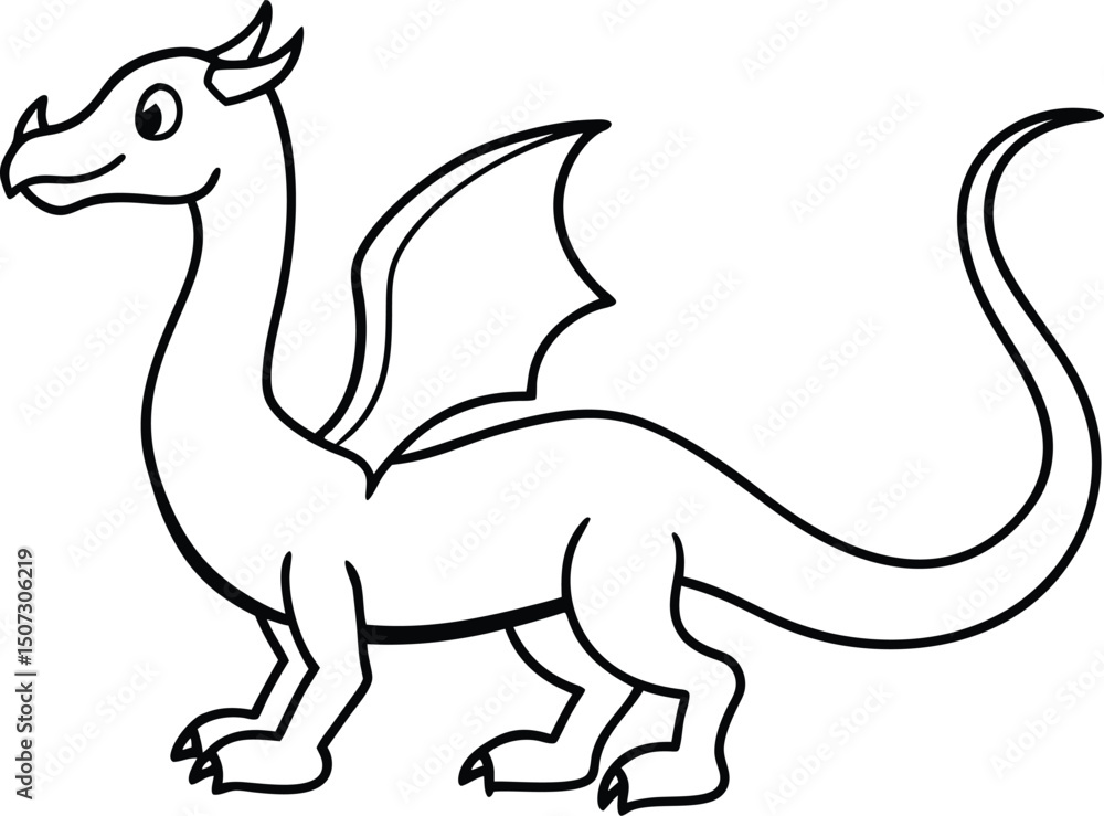 Fototapeta premium Simple Line Drawing of a Cute Cartoon Dragon for Children’s Coloring Fun