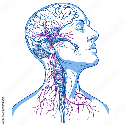Detailed Blue and Purple Illustration of Human Head Neck and Arterial Blood Flow Anatomy Isolated on White