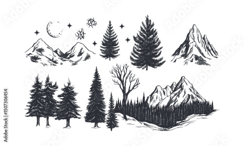 Snowy Fir Tree Forest Silhouette, mountain landscape art, wild tree vector, engraving style, seasonal nature background, winter scene, vector illustration. christmas tree