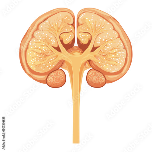 Detailed Cross Section Illustration of Human Kidney Anatomy in Beige Color Isolated on White for Medical and Educational Purposes