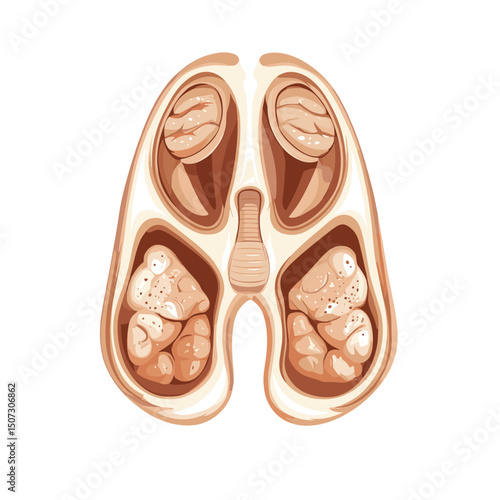 Detailed Cross Section Illustration of Human Nasal Sinus Cavities Anatomy with Frontal and Maxillary Sinuses Depicted in Neutral Colors