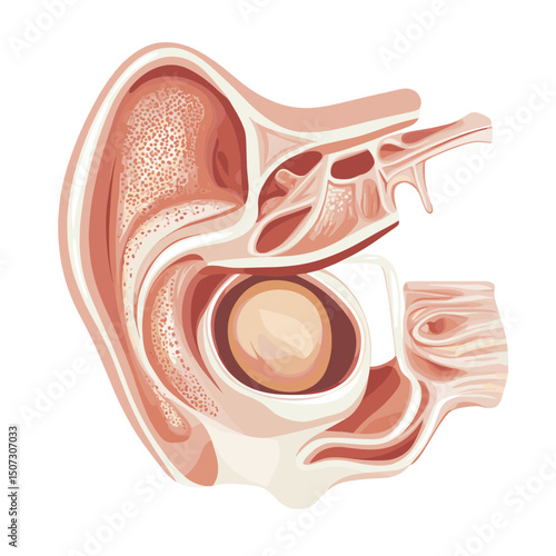 Detailed Ear Anatomy Cross Section Illustration Featuring Inner and Outer Structures in Medical Diagram for Educational Purposes