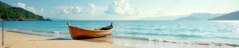 Naklejka premium A small wooden boat gently rests on a tranquil, sandy shore at low tide, surrounded by calm water and serene nature The scene evokes peace and quiet, ideal for relaxation themes , texture, solitude