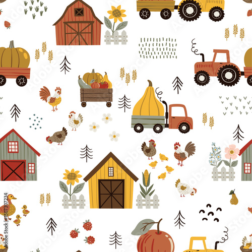 Seamless vector pattern in flat cartoon style. Playful farm scene with barn, shed, tractor, truck, pumpkins, flowers, ducks, and chickens on white background. Perfect for kids’ design and decor.