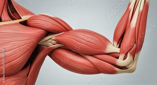 Detailed anatomical illustration of human arm Muscle Part showcasing biceps brachii with visible fiber striations and intricate tricep structure isolated on light background