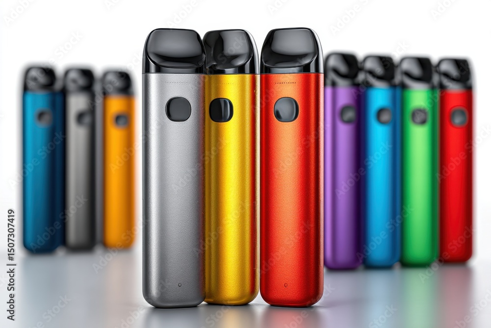 A vibrant collection of colorful vape pens arranged in a studio setting, showcasing a diverse range of metallic hues with a shallow depth of field and clean modern design. A vibrant collection of colorful vape pens arranged in a studio setting, showcasing a diverse range of metallic hues with a shallow depth of field and clean modern design.