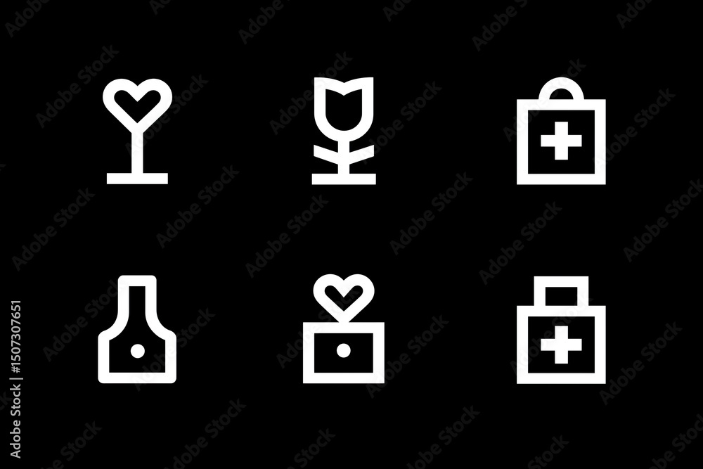 Six white icons of hearts flowers bags and bottles on black background evoke love gifts and health Six white icons of hearts flowers bags and bottles on black background evoke love gifts and health