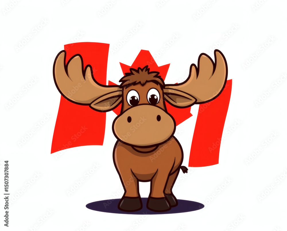 Fototapeta premium Cute cartoon moose with big eyes stands proudly in front of a vibrant Canadian flag representing national pride and wildlife
