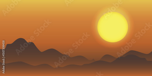 Sunset over a mountainous landscape. The sun, which is bright yellow in color, is sinking below the horizon, creating warm orange and yellow hues in the sky.