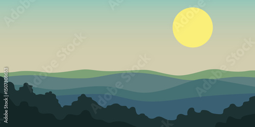 The image depicts a stylized landscape with a setting or rising sun over undulating hills with a dark silhouette of a forest in the foreground