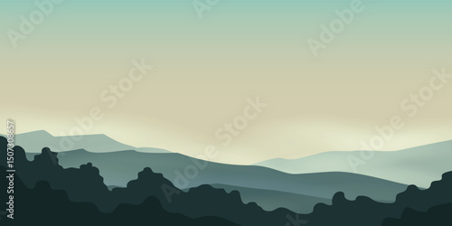 the silhouette of mountain ranges against a light sky, at dawn or dusk. Dark silhouettes of trees or hills, and several layers of mountains that gradually disappear in a light haze.