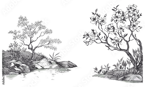 Foggy Creek Silhouettes Dogwood Tree, misty river landscape art, quiet forest canopy, engraved floral branch vector illustration, peaceful nature scene, serene woodland ambiance.