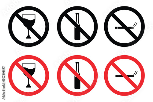 No Alcohol and Cigarettes Vector Icons – Prohibited Symbol Set for Warning Signs.