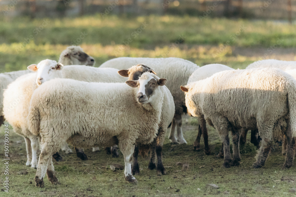 Group of Sheep Grazing in a Pasture on a Sunny Day Group of Sheep Grazing in a Pasture on a Sunny Day