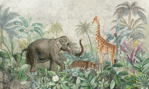 Fototapeta Naklejka Na Ścianę i Meble -  Mural Wallpaper. Watercolor Rainforest. Vintage Tropical Background	
