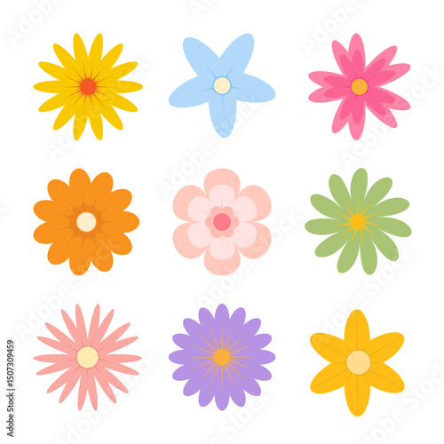 Colorful flower elements vector featuring a set of simple, cute round flower heads in various shapes. Abstract botanical spring blossom art with organic petal floral designs. Creative flower icon set.
