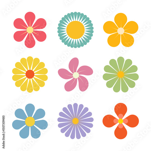 Colorful spring flower set featuring cute blooming flowers with simple petal design. Collection of abstract flower elements vector illustration. Flat graphic botanical flower icon set.