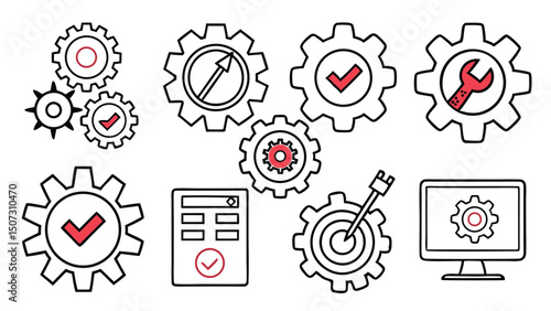 Outlined Gear and Settings Icon Set – Configuration, System, and Software Symbols