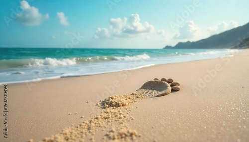 A single footprint in soft sand near the ocean, symbolizing a minimal environmental impact and personal journey , sand, calm, solitude
