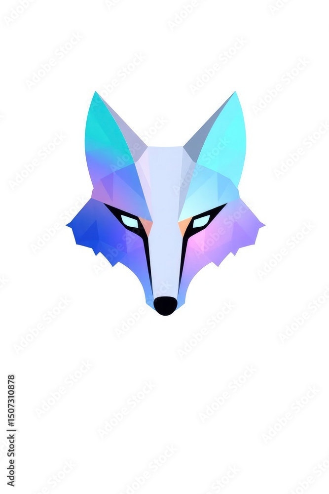 Obraz premium Geometric fox face with glowing eyes rendered in blue purple and white hues
